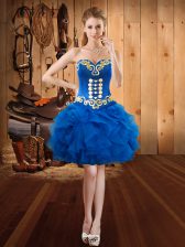Exceptional Organza Sweetheart Sleeveless Lace Up Embroidery and Ruffles in Royal Blue