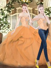 Perfect Sleeveless Floor Length Beading and Ruffles Lace Up Quinceanera Dresses with Orange Red