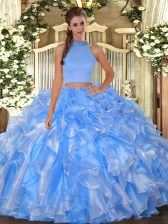 High Quality Two Pieces Quinceanera Dresses Baby Blue Halter Top Organza Sleeveless Floor Length Backless