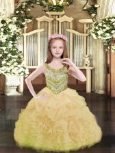  Floor Length Lace Up Girls Pageant Dresses Gold for Party and Quinceanera with Beading and Ruffles and Pick Ups