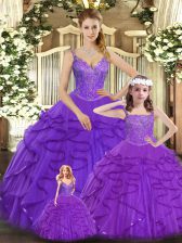Beauteous Beading and Ruffles 15th Birthday Dress Purple Lace Up Sleeveless Floor Length
