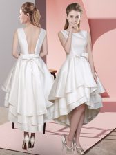 Fantastic White Satin Lace Up Scoop Sleeveless High Low Quinceanera Court Dresses Ruffled Layers