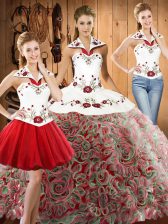  Halter Top Sleeveless Fabric With Rolling Flowers Quinceanera Gown Embroidery Lace Up