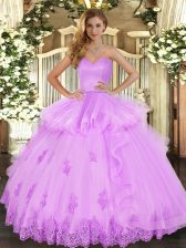  Sweetheart Sleeveless 15th Birthday Dress Floor Length Beading and Appliques and Ruffles Lilac Tulle