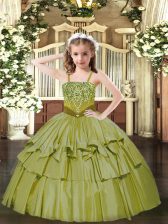 Fancy Floor Length Ball Gowns Sleeveless Olive Green Little Girl Pageant Gowns Lace Up