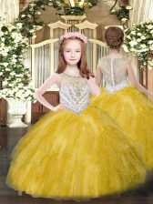  Gold Zipper Little Girl Pageant Gowns Beading and Ruffles Sleeveless Floor Length