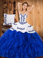 Beautiful Blue And White Strapless Lace Up Embroidery and Ruffles Quinceanera Dress Sleeveless
