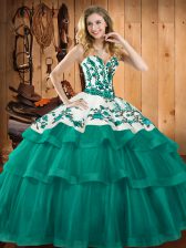 Eye-catching Embroidery Quinceanera Dresses Turquoise Lace Up Sleeveless Sweep Train