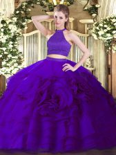  Purple Halter Top Neckline Beading and Ruffles Quinceanera Dresses Sleeveless Backless