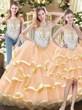 Elegant Sleeveless Floor Length Beading and Ruffled Layers Zipper Quinceanera Gown with Peach