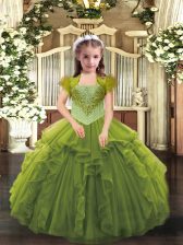 Fantastic Straps Sleeveless Child Pageant Dress Floor Length Beading and Ruffles Olive Green Organza