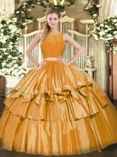 Most Popular Gold Two Pieces Tulle Scoop Sleeveless Ruffled Layers Floor Length Zipper Quinceanera Dress