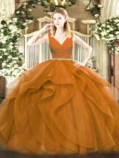  V-neck Sleeveless Tulle 15 Quinceanera Dress Beading and Ruffles Zipper