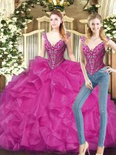 On Sale V-neck Sleeveless Vestidos de Quinceanera Floor Length Ruffles Fuchsia Organza