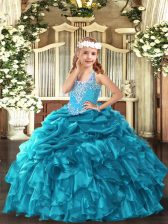  Floor Length Teal Pageant Dress for Teens V-neck Sleeveless Lace Up