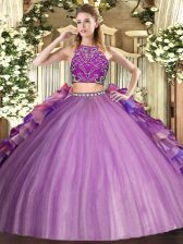 Fitting Two Pieces 15th Birthday Dress Multi-color High-neck Tulle Sleeveless Floor Length Zipper