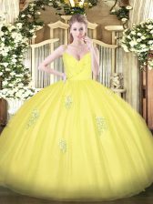 Modern Yellow Zipper Spaghetti Straps Appliques Quinceanera Dresses Tulle Sleeveless