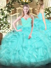 Simple Aqua Blue Ball Gowns Spaghetti Straps Sleeveless Organza Floor Length Zipper Ruffles 15 Quinceanera Dress