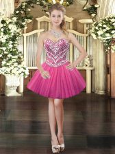 Extravagant Beading Evening Dress Hot Pink Lace Up Sleeveless Mini Length
