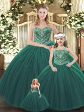  Sweetheart Sleeveless Sweet 16 Dress Floor Length Beading Dark Green Tulle
