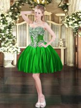 Custom Design Green Satin Lace Up Prom Evening Gown Sleeveless Mini Length Beading