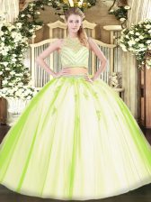  Two Pieces Sweet 16 Dress Yellow Green Scoop Tulle Sleeveless Floor Length Zipper