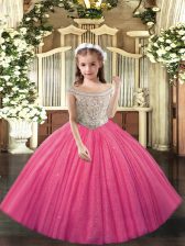  Ball Gowns Girls Pageant Dresses Hot Pink Off The Shoulder Tulle Sleeveless Floor Length Lace Up