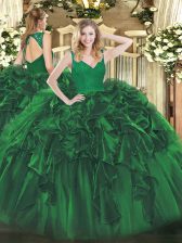 Luxury V-neck Sleeveless Organza Vestidos de Quinceanera Beading and Ruffles Zipper