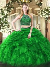  Sleeveless Tulle Floor Length Zipper Ball Gown Prom Dress in Green with Beading and Ruffles