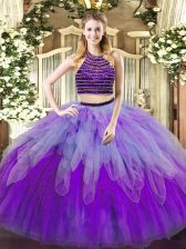 Best Tulle Halter Top Sleeveless Lace Up Beading and Ruffles Quinceanera Gowns in Multi-color