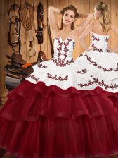 Modern Sleeveless Sweep Train Embroidery and Ruffled Layers Lace Up Quinceanera Gowns