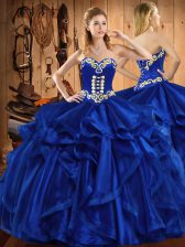  Sleeveless Floor Length Embroidery and Ruffles Lace Up Quinceanera Gown with Royal Blue