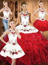 Fantastic White And Red Vestidos de Quinceanera Military Ball and Sweet 16 and Quinceanera with Embroidery and Ruffles Halter Top Sleeveless Lace Up