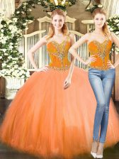 Perfect Orange Red Two Pieces Sweetheart Sleeveless Tulle Floor Length Lace Up Beading Quinceanera Gowns