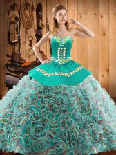 Custom Fit Sleeveless Floor Length Embroidery Lace Up Quince Ball Gowns with Multi-color