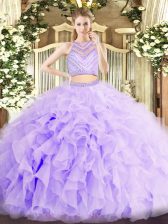 Most Popular Scoop Sleeveless Quinceanera Gown Floor Length Beading and Ruffles Lavender Organza