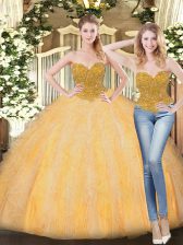  Gold Quinceanera Gown Military Ball and Sweet 16 and Quinceanera with Beading and Ruffles Sweetheart Sleeveless Zipper