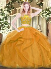  Gold Sleeveless Beading and Ruffles Floor Length Ball Gown Prom Dress