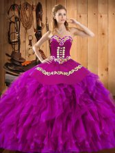  Sweetheart Sleeveless Satin and Organza Vestidos de Quinceanera Embroidery and Ruffles Lace Up