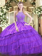 Sophisticated Lavender Ball Gowns Satin and Tulle Halter Top Sleeveless Beading and Embroidery and Ruffled Layers Floor Length Zipper Quinceanera Gowns
