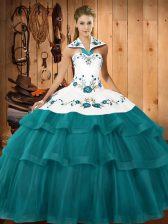 Inexpensive Organza Sleeveless Quinceanera Dresses Sweep Train and Embroidery and Ruffled Layers