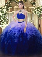  Multi-color Backless High-neck Beading and Ruffles Quinceanera Gown Tulle Sleeveless