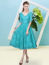  Teal Lace Up Damas Dress Bowknot Half Sleeves Tea Length