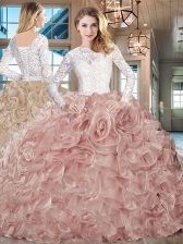  Pink And White 15th Birthday Dress Sweet 16 and Quinceanera with Lace and Ruffles Scoop Long Sleeves Brush Train Lace Up
