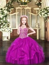 Latest Fuchsia Pageant Dress Toddler Party and Quinceanera with Beading and Ruffles Spaghetti Straps Sleeveless Lace Up