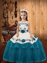 Excellent Floor Length Ball Gowns Sleeveless Teal Pageant Dress Lace Up