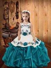  Straps Sleeveless Child Pageant Dress Floor Length Embroidery and Ruffles Teal Organza