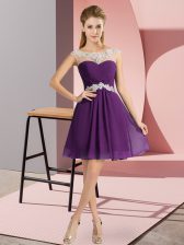  Mini Length Purple Prom Gown Chiffon Cap Sleeves Beading