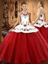 Simple Halter Top Sleeveless Lace Up Sweet 16 Quinceanera Dress Wine Red Satin and Tulle