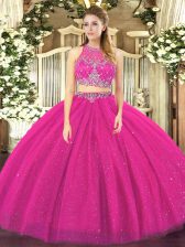  Fuchsia Sleeveless Floor Length Beading Zipper 15 Quinceanera Dress